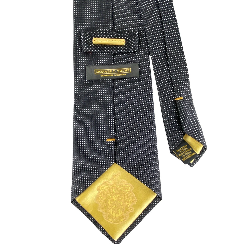 Donald J Trump Signature Collection Mens Black Polka Dot Silk Tie Gold Bar 59x4
